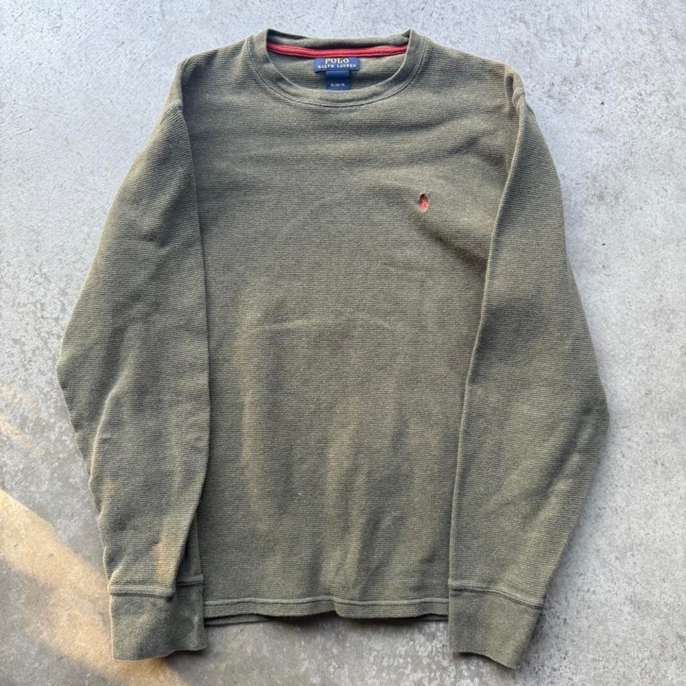 Early 2000s Polo Ralph Lauren Orange Pony Moss Green Thermal Sweater Preppy